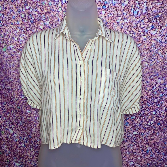 Forever21 White with blue/brown stripes crop shirt - Picture 1 of 4